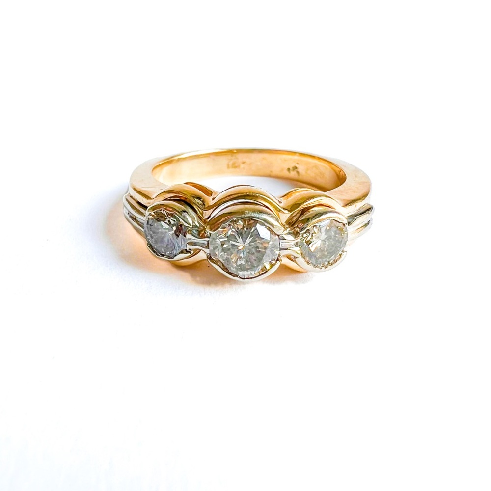 14K Yellow Gold Three Champagne Diamond Vintage Band Ring - Picture 3 of 12